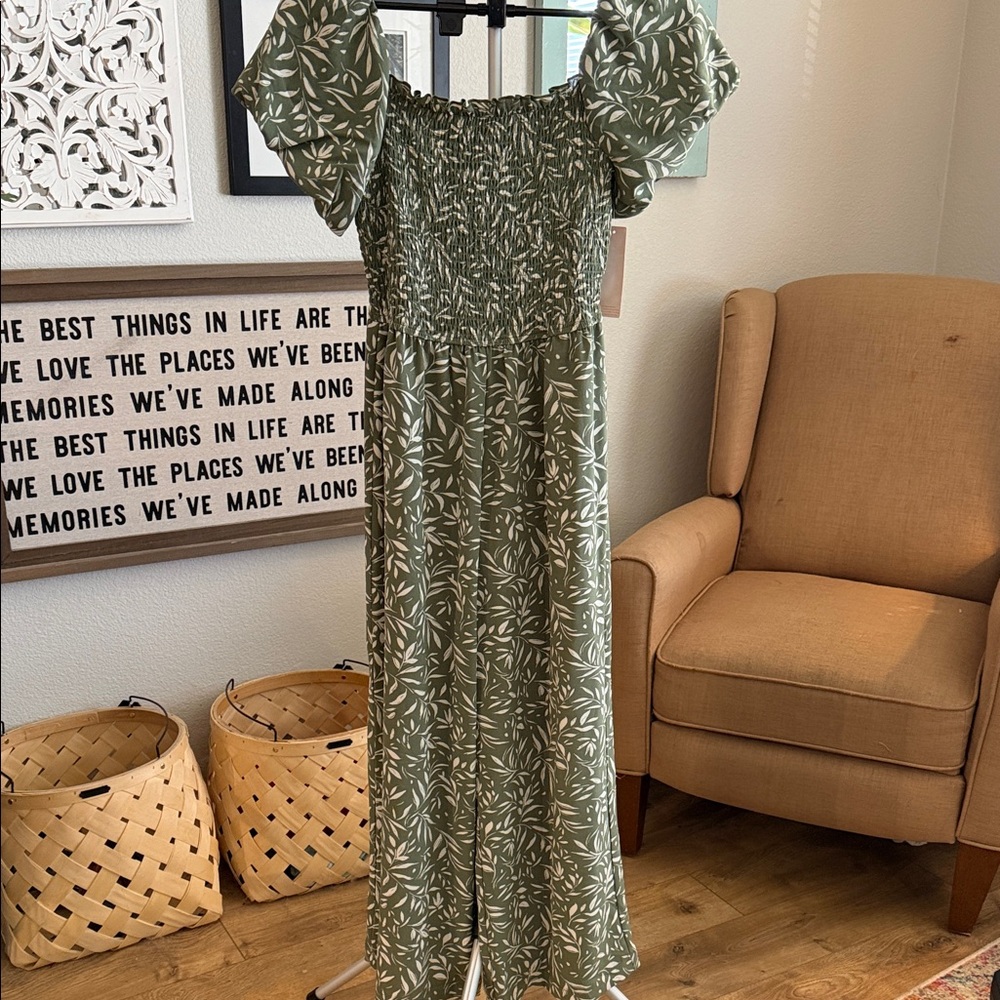 Inspired Hearts Olive Leaf Patterned Jumpsuit